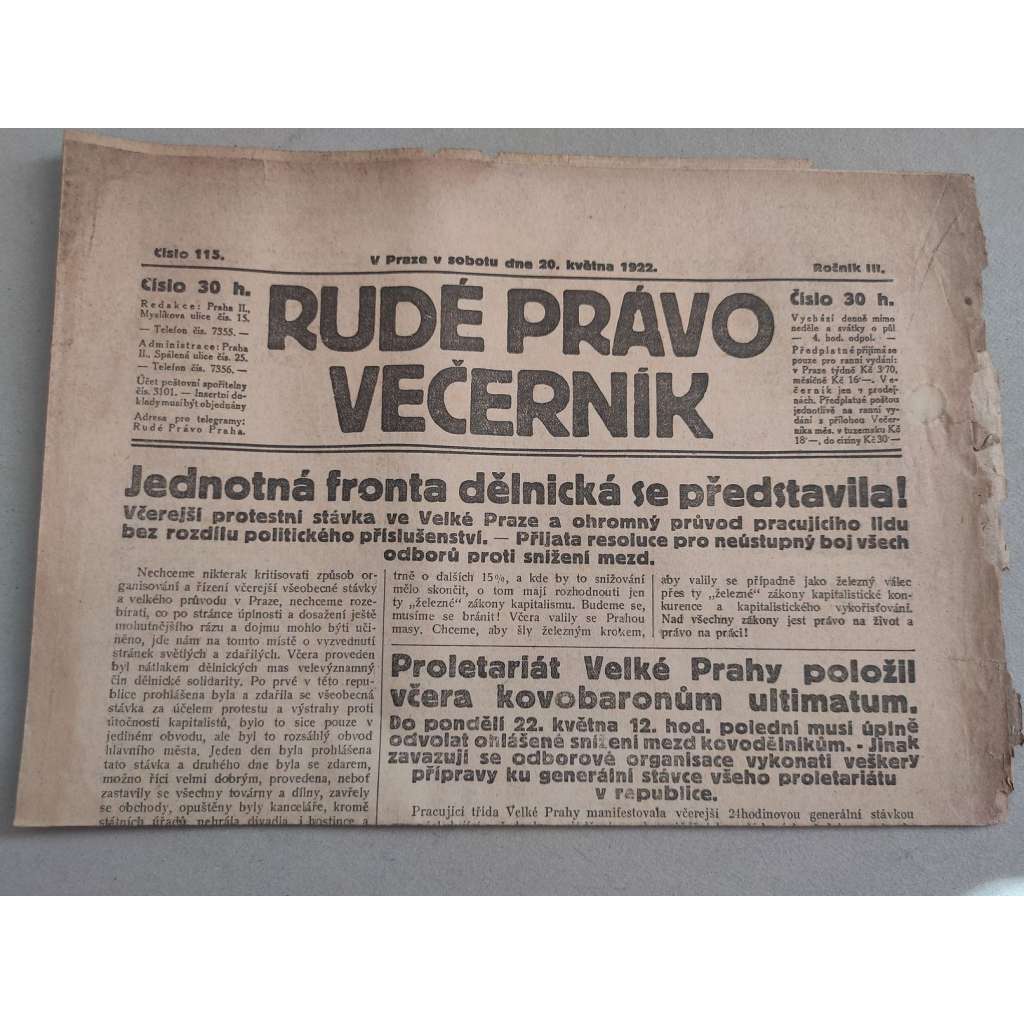 Rudé právo Večerník (20.5.1922) - ročník III. - staré noviny - [komunisté, komunismus]