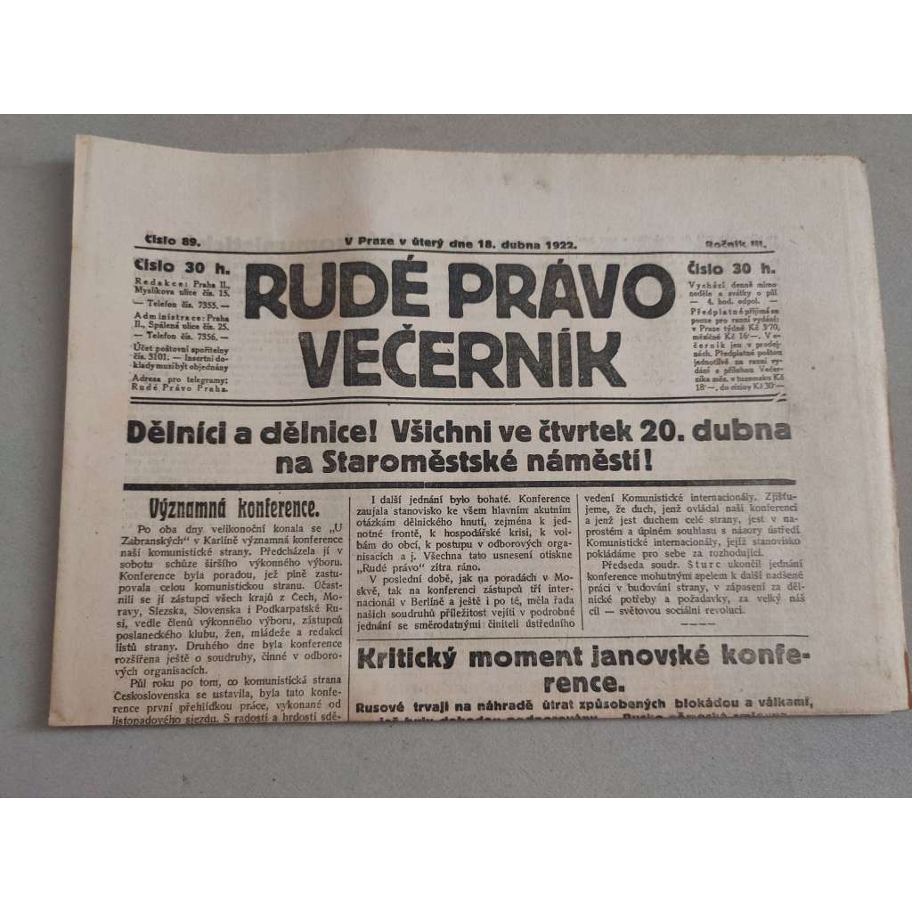 Rudé právo Večerník (18.4.1922) - ročník III. - staré noviny - [komunisté, komunismus]