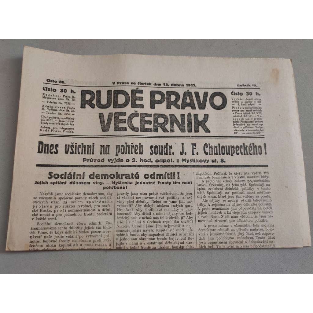 Rudé právo Večerník (13.4.1922) - ročník III. - staré noviny - [komunisté, komunismus]