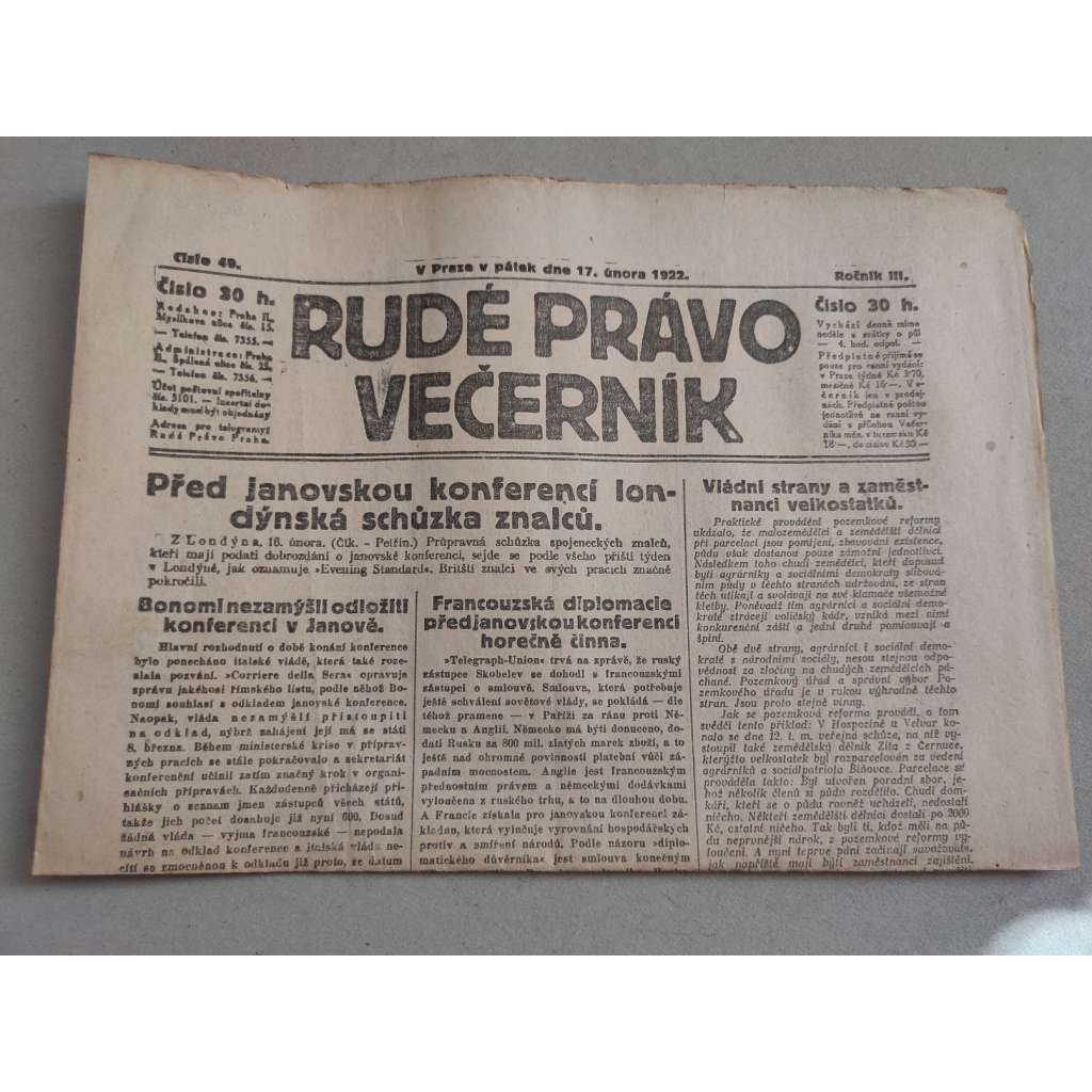 Rudé právo Večerník (17.2.1922) - ročník III. - staré noviny - [komunisté, komunismus]