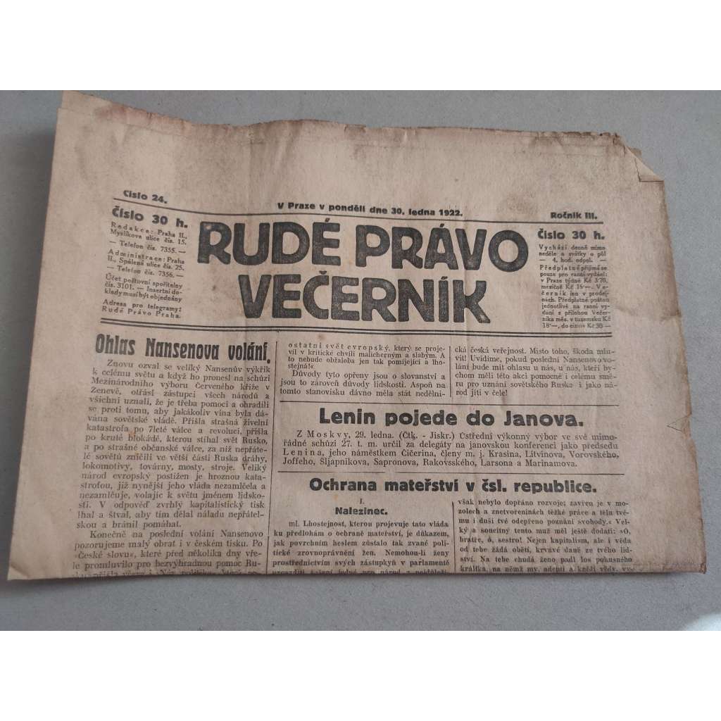 Rudé právo Večerník (30.1.1922) - ročník III. - staré noviny - [komunisté, komunismus]