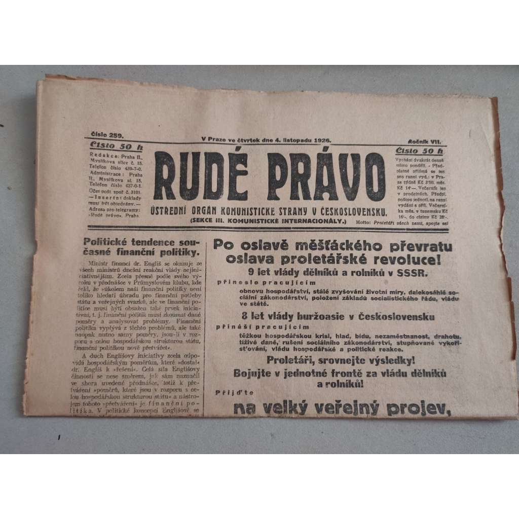 Rudé právo (4.11.1926) - ročník VII. - staré noviny - Ústřední orgán komunistické strany [komunisté, komunismus]