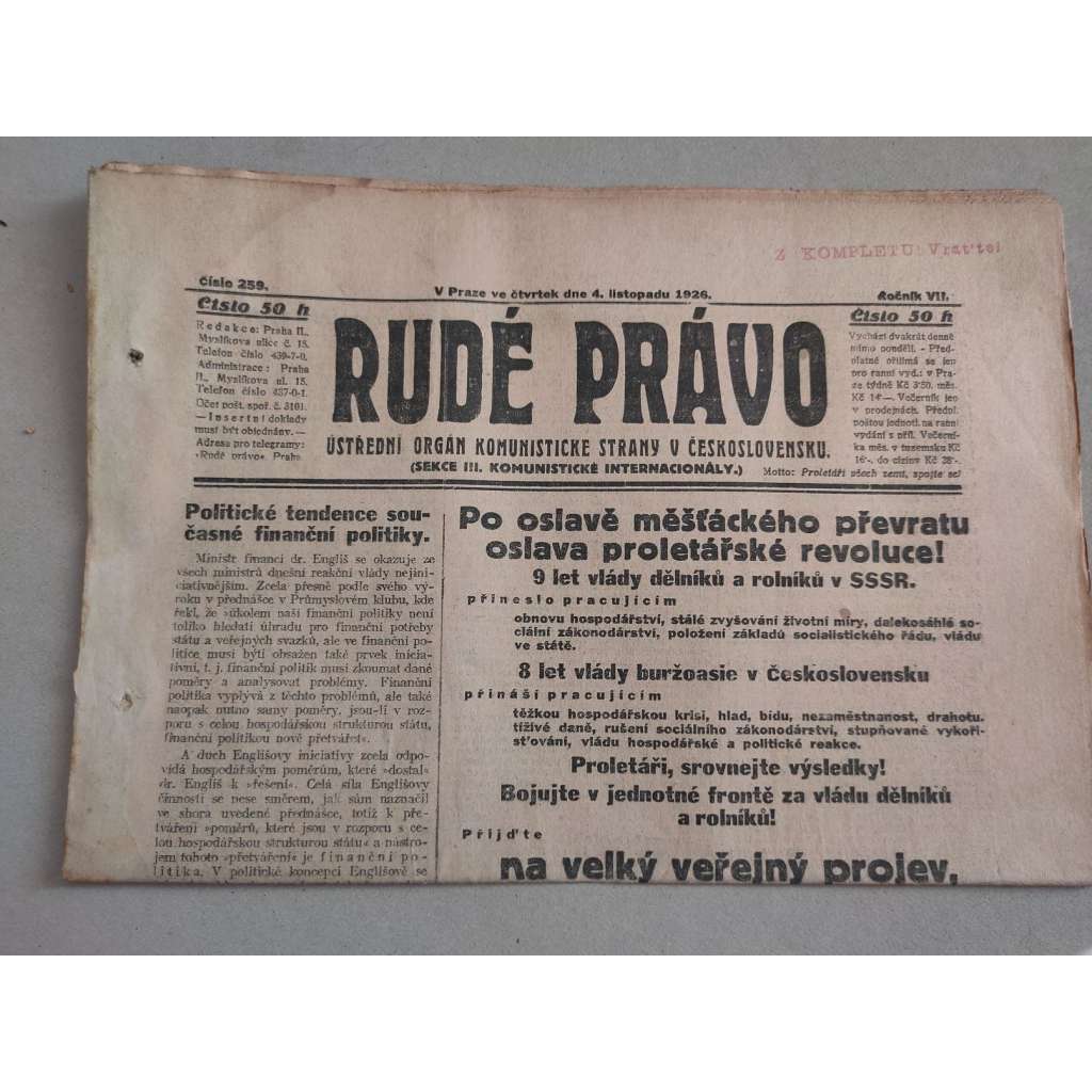 Rudé právo (4.11.1926) - ročník VII. - staré noviny - Ústřední orgán komunistické strany [komunisté, komunismus]