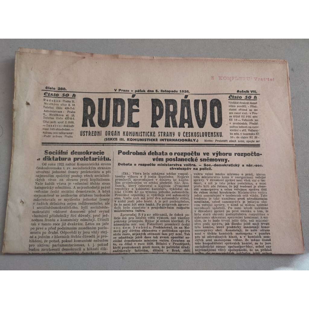 Rudé právo (5.11.1926) - ročník VII. - staré noviny - Ústřední orgán komunistické strany [komunisté, komunismus]