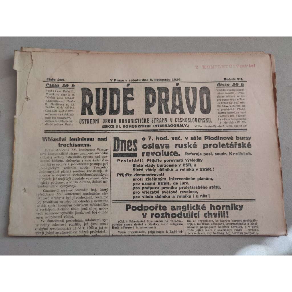 Rudé právo (6.11.1926) - ročník VII. - staré noviny - Ústřední orgán komunistické strany [komunisté, komunismus]