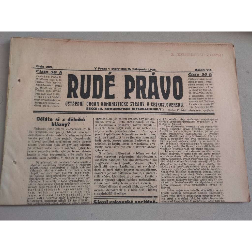 Rudé právo (9.11.1926) - ročník VII. - staré noviny - Ústřední orgán komunistické strany [komunisté, komunismus]