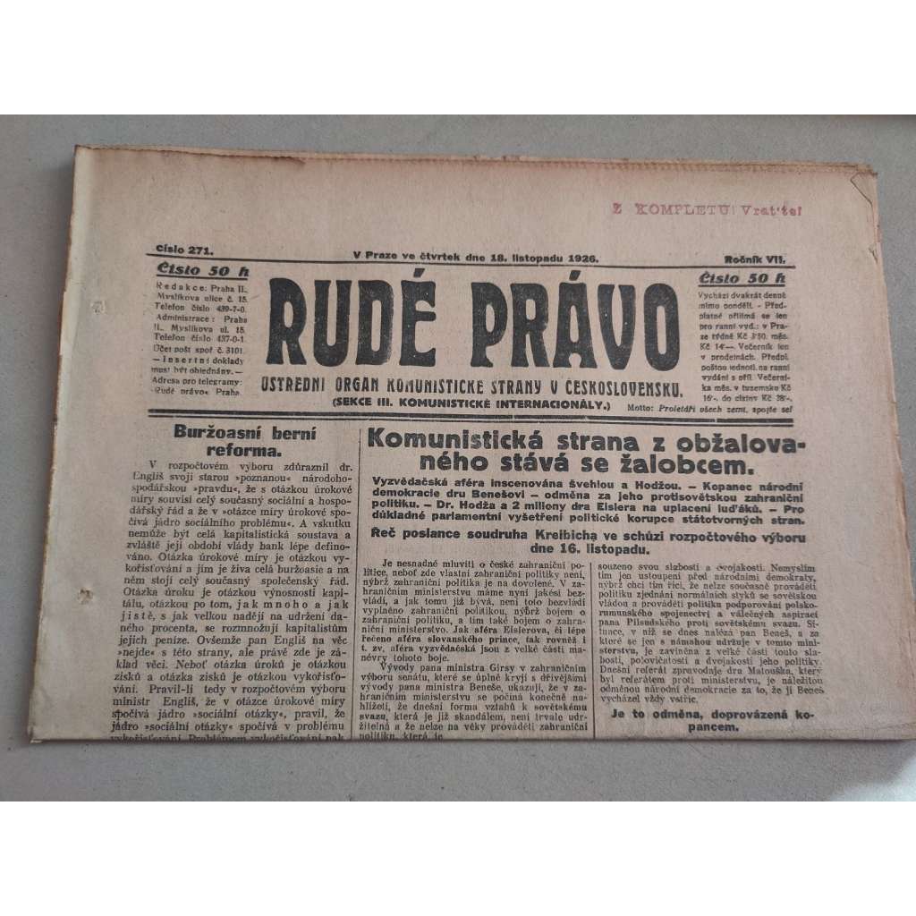 Rudé právo (18.11.1926) - ročník VII. - staré noviny - Ústřední orgán komunistické strany [komunisté, komunismus]