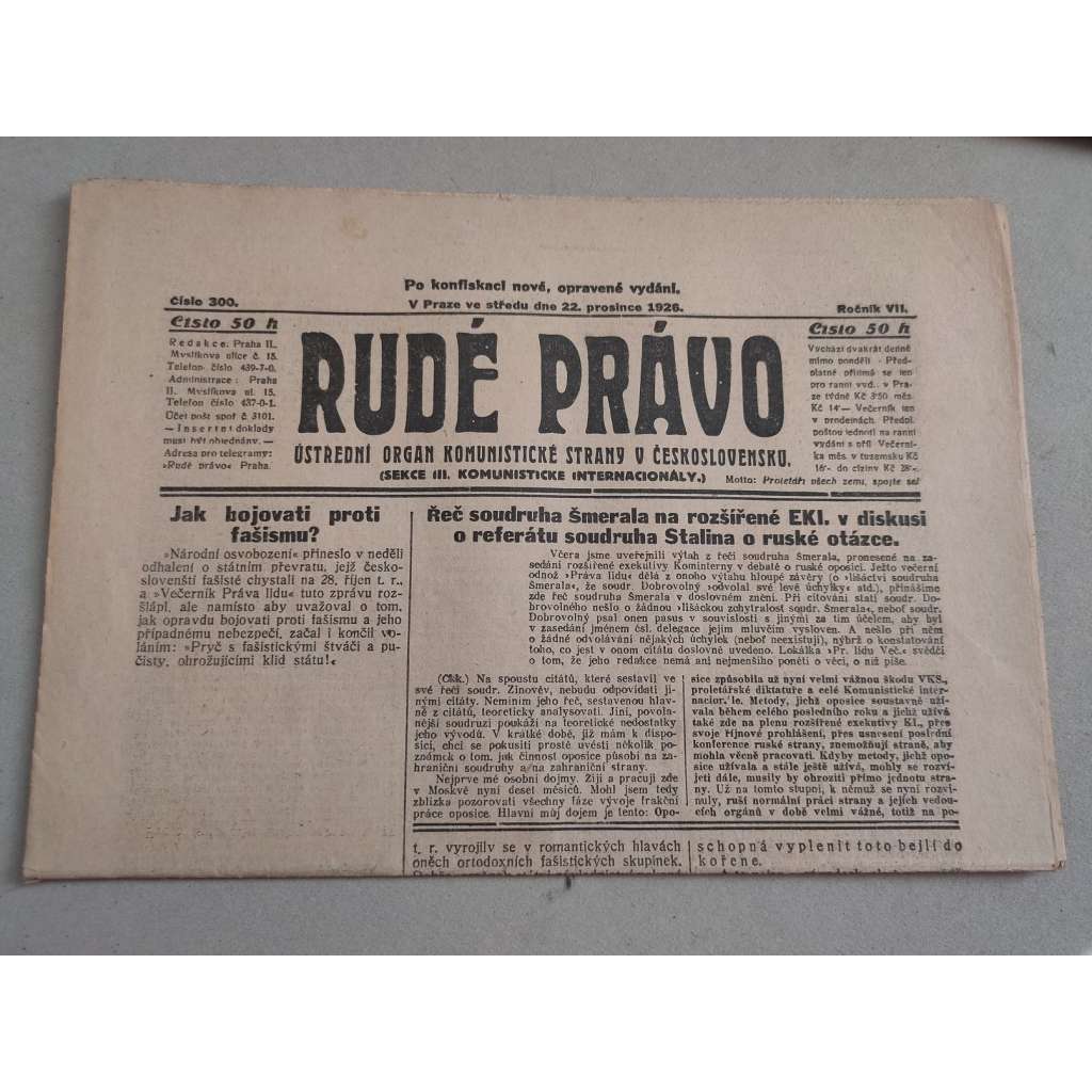 Rudé právo (22.11.1926) - ročník VII. - staré noviny - Ústřední orgán komunistické strany [komunisté, komunismus]