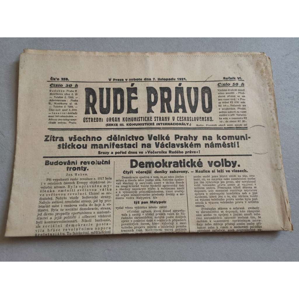 Rudé právo (7.11.1925) - ročník VI. - staré noviny - Ústřední orgán komunistické strany [komunisté, komunismus]