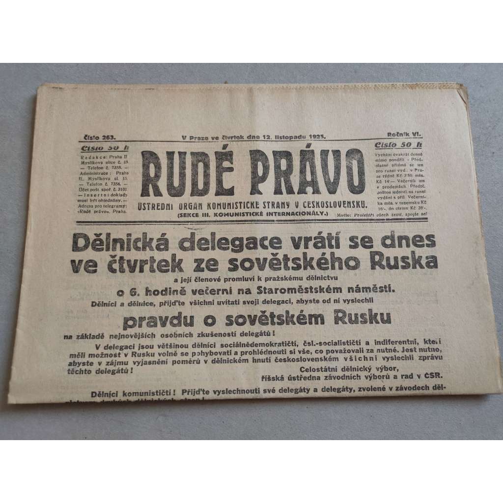 Rudé právo (12.11.1925) - ročník VI. - staré noviny - Ústřední orgán komunistické strany [komunisté, komunismus]