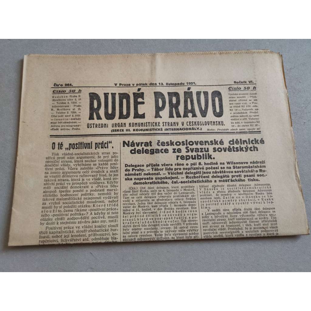 Rudé právo (13.11.1925) - ročník VI. - staré noviny - Ústřední orgán komunistické strany [komunisté, komunismus]