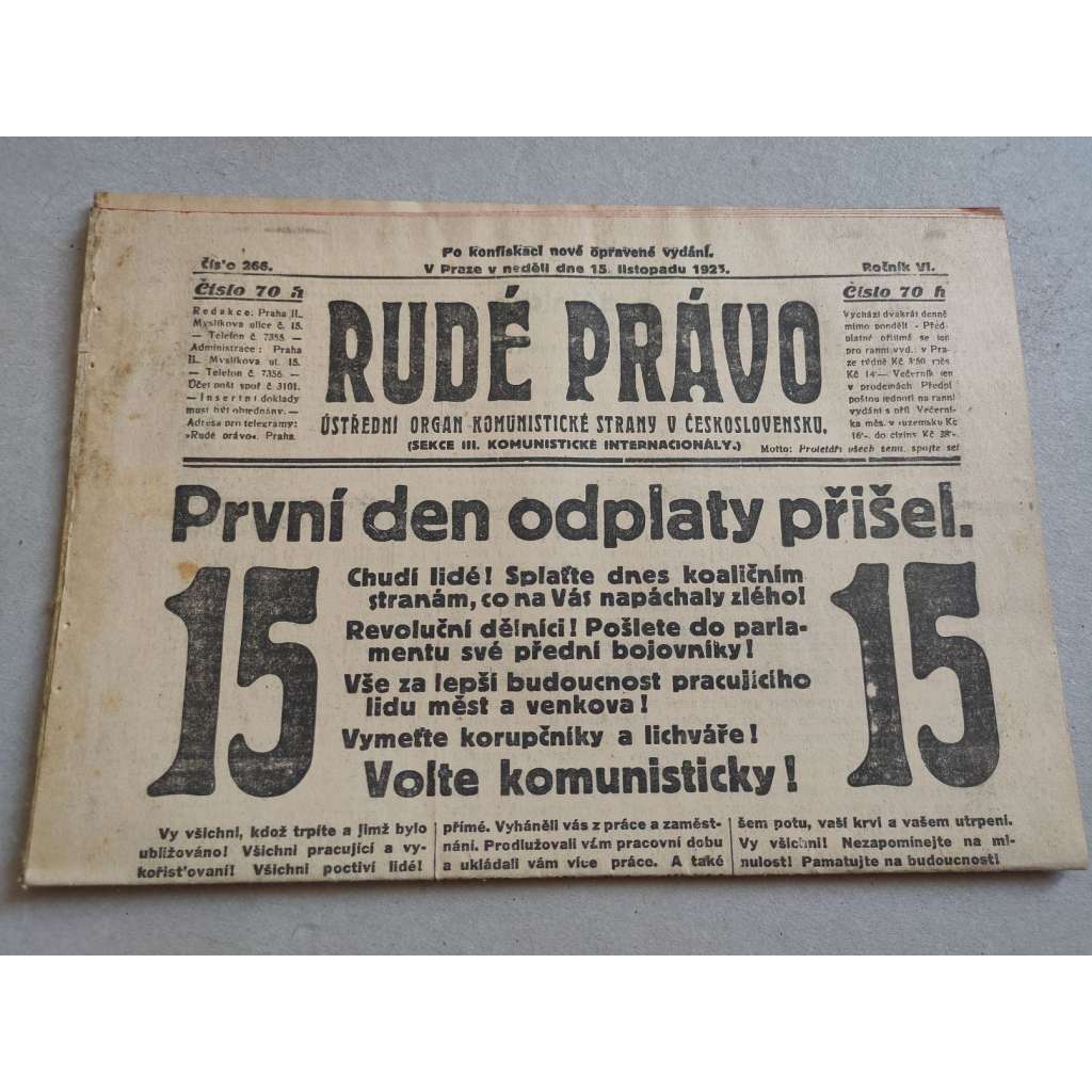 Rudé právo (15.11.1925) - ročník VI. - staré noviny - Ústřední orgán komunistické strany [komunisté, komunismus]