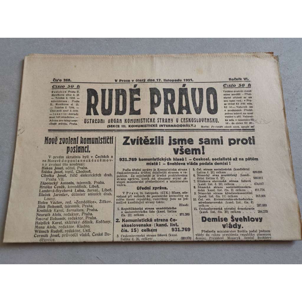 Rudé právo (17.11.1925) - ročník VI. - staré noviny - Ústřední orgán komunistické strany [komunisté, komunismus]