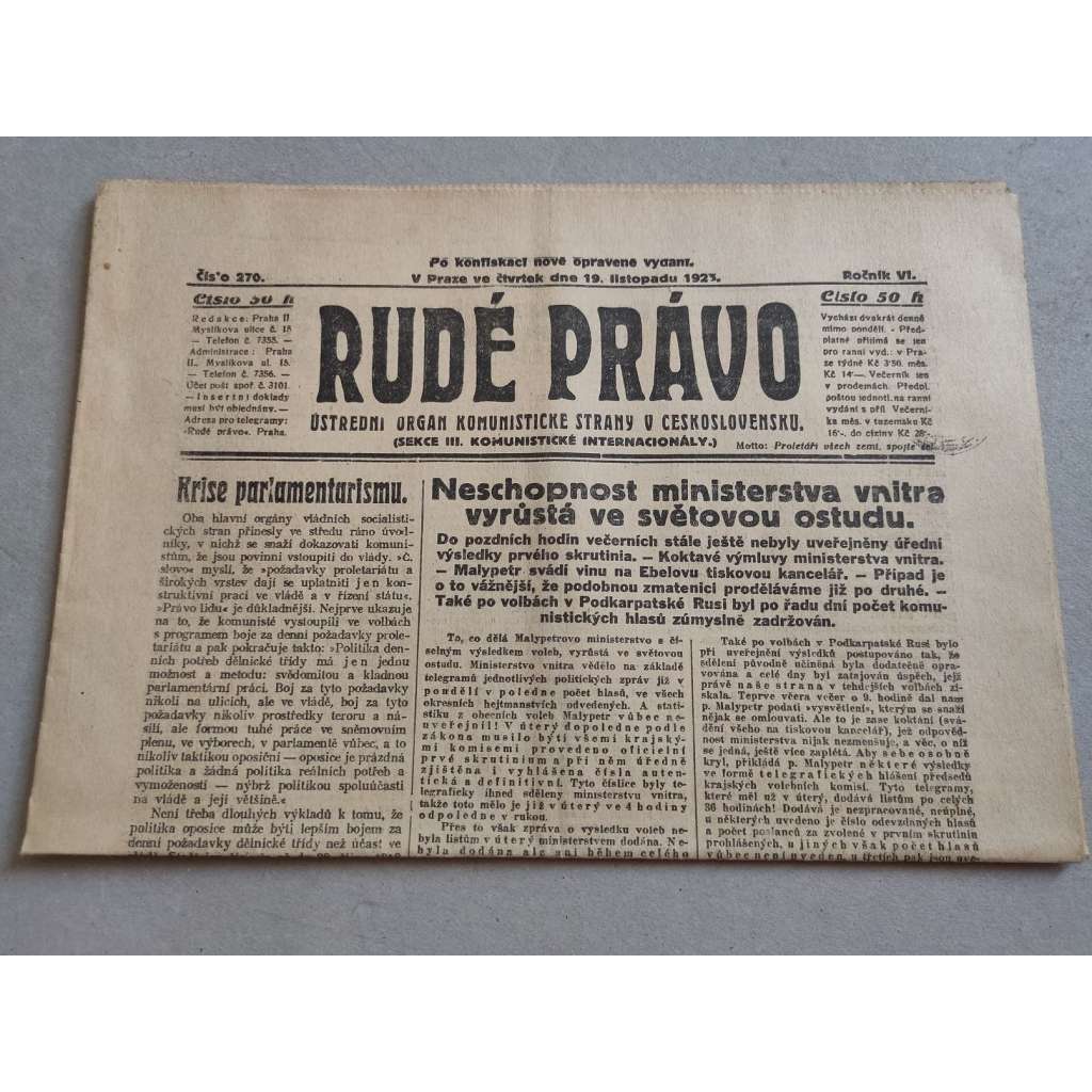 Rudé právo (19.11.1925) - ročník VI. - staré noviny - Ústřední orgán komunistické strany [komunisté, komunismus]