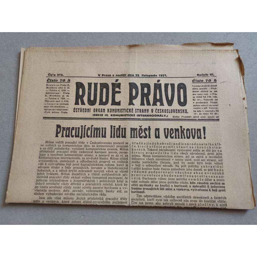 Rudé právo (22.11.1925) - ročník VI. - staré noviny - Ústřední orgán komunistické strany [komunisté, komunismus]