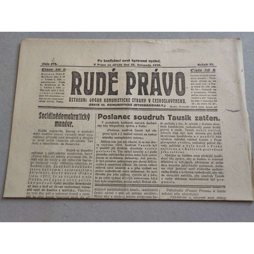 Rudé právo (25.11.1925) - ročník VI. - staré noviny - Ústřední orgán komunistické strany [komunisté, komunismus]