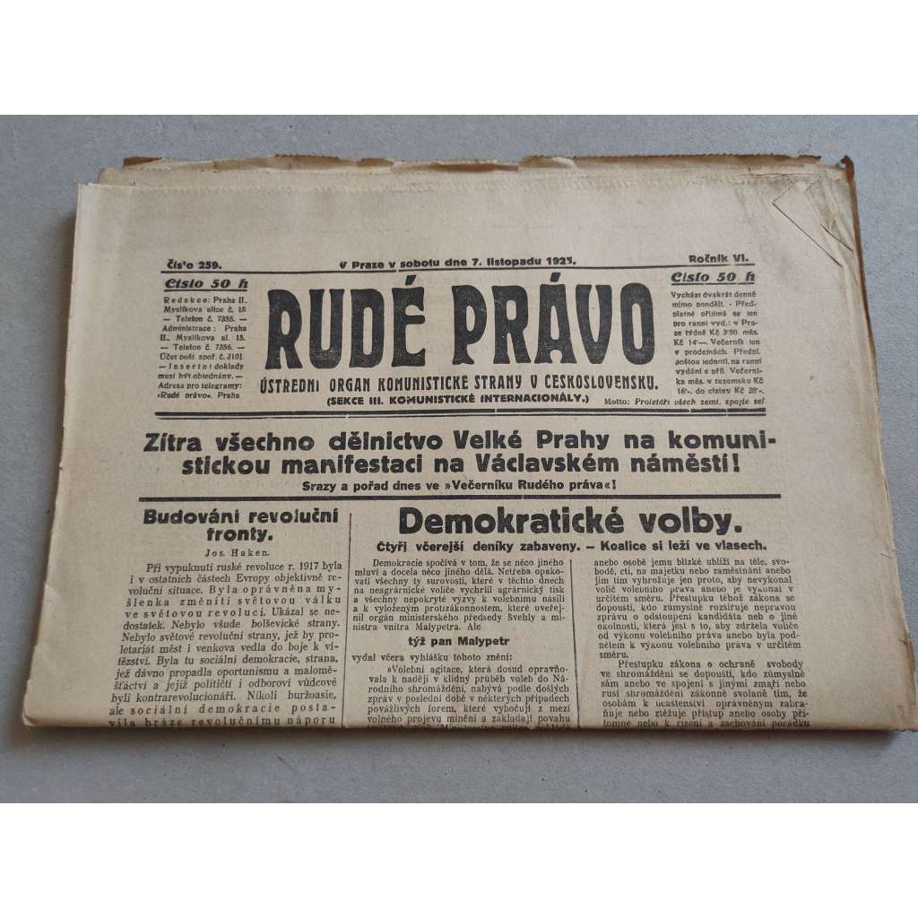 Rudé právo (7.11.1925) - ročník VI. - staré noviny - Ústřední orgán komunistické strany [komunisté, komunismus]