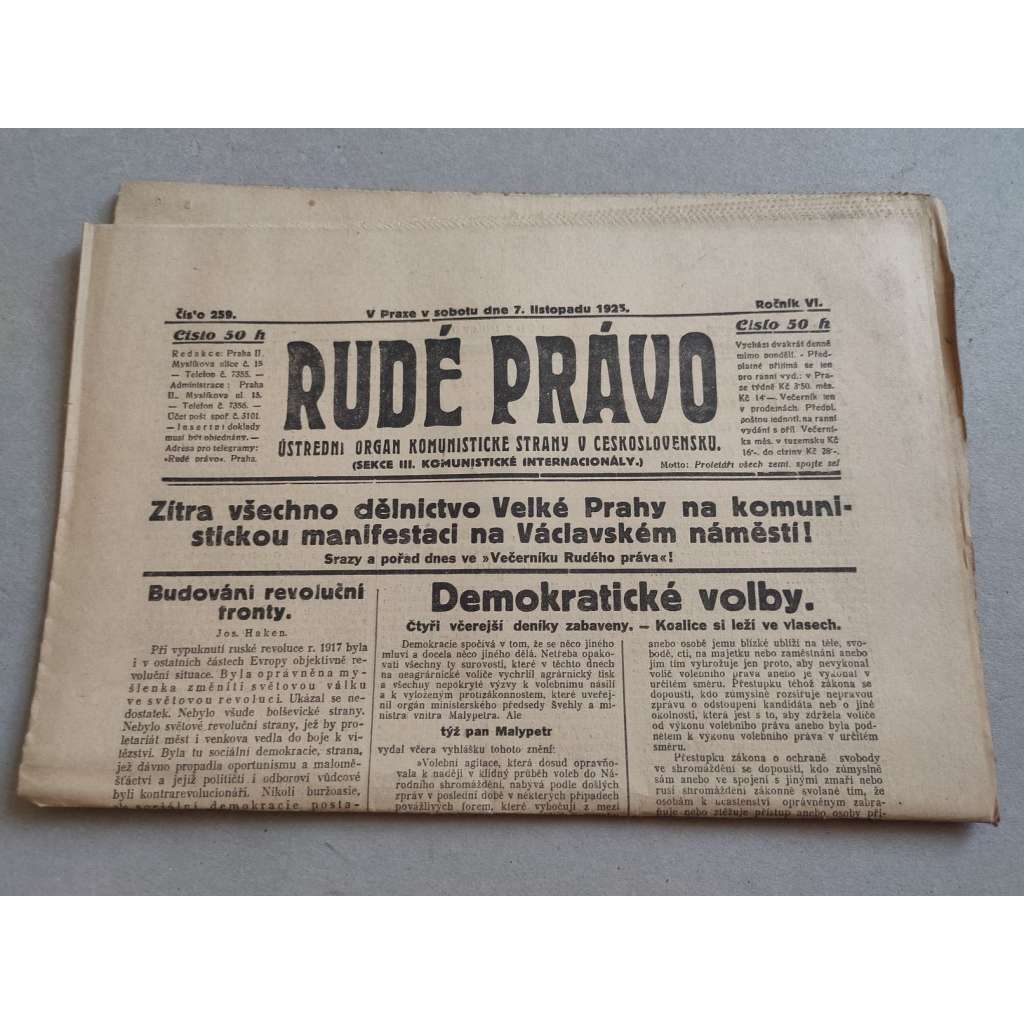 Rudé právo (7.11.1925) - ročník VI. - staré noviny - Ústřední orgán komunistické strany [komunisté, komunismus]