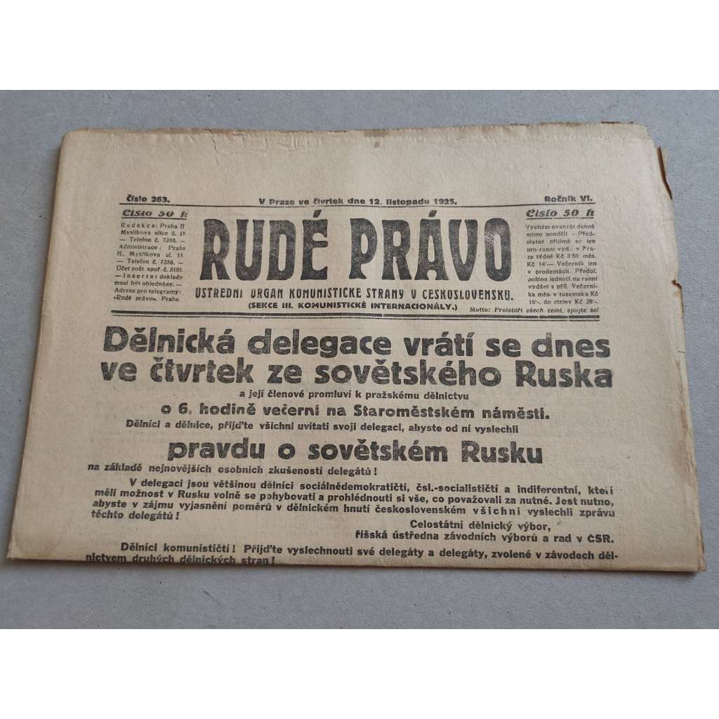 Rudé právo (12.11.1925) - ročník VI. - staré noviny - Ústřední orgán komunistické strany [komunisté, komunismus]