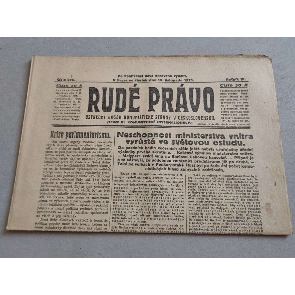 Rudé právo (19.11.1925) - ročník VI. - staré noviny - Ústřední orgán komunistické strany [komunisté, komunismus]