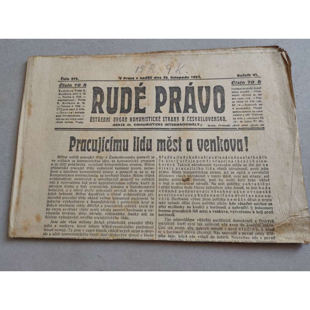 Rudé právo (22.11.1925) - ročník VI. - staré noviny - Ústřední orgán komunistické strany [komunisté, komunismus]