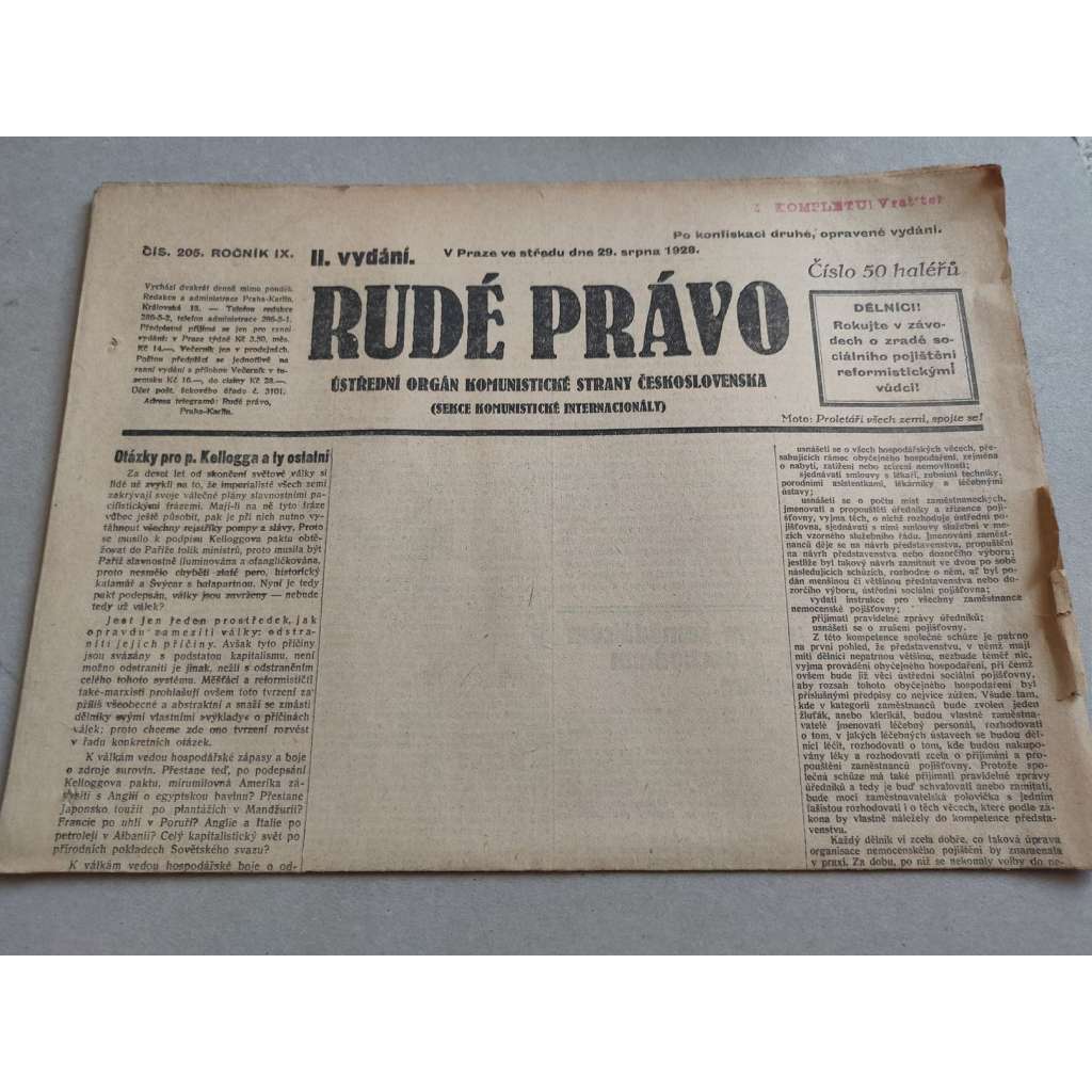 Rudé právo (29.8.1928) - ročník IX. - staré noviny - Ústřední orgán komunistické strany [komunisté, komunismus]