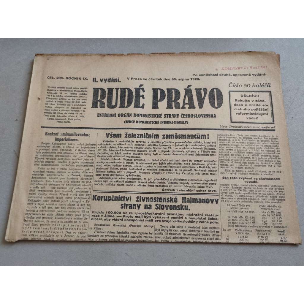 Rudé právo (30.8.1928) - ročník IX. - staré noviny - Ústřední orgán komunistické strany [komunisté, komunismus]