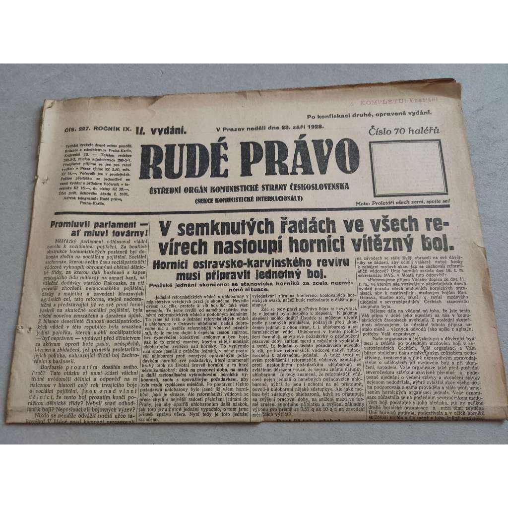 Rudé právo (23.9.1928) - ročník IX. - staré noviny - Ústřední orgán komunistické strany [komunisté, komunismus]