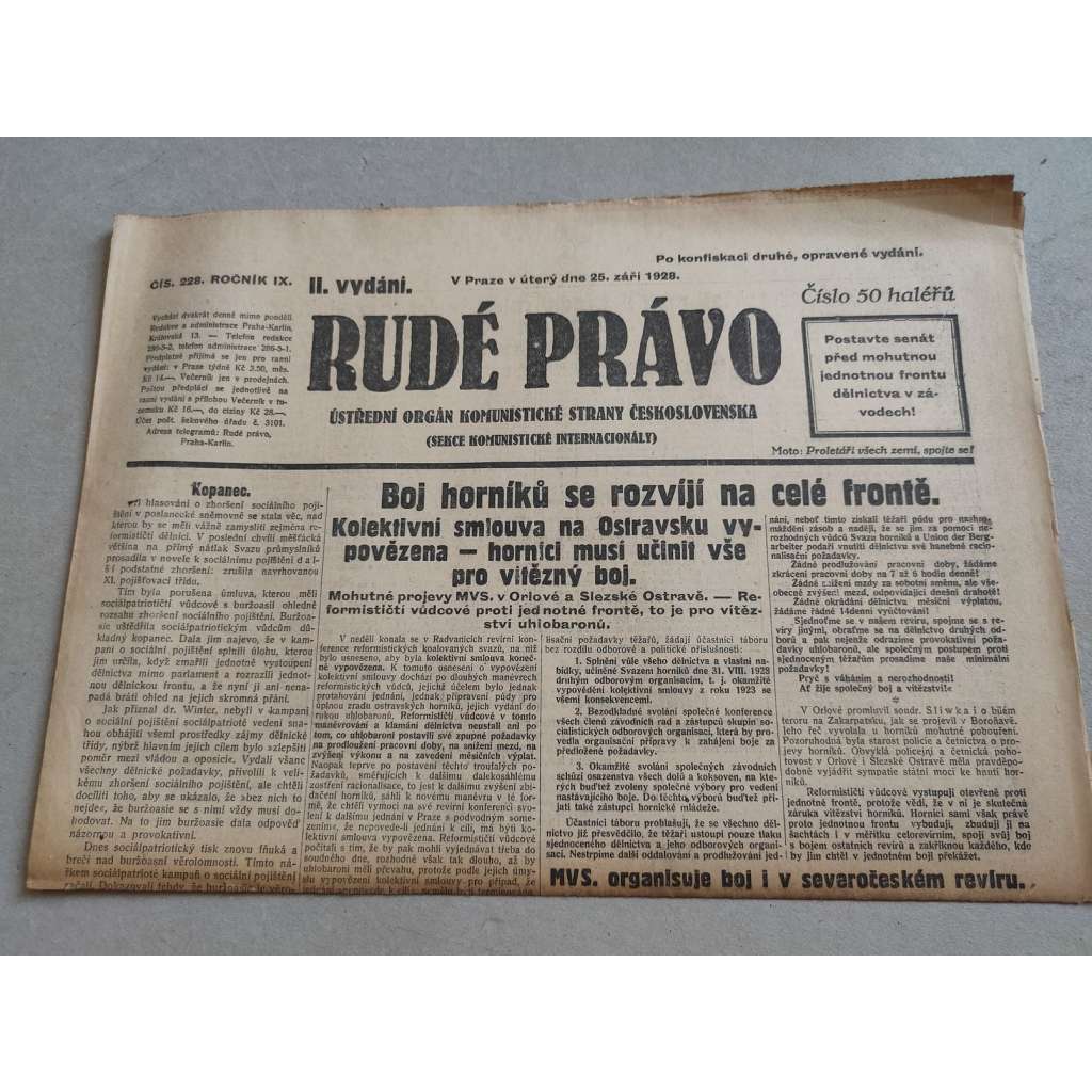 Rudé právo (25.9.1928) - ročník IX. - staré noviny - Ústřední orgán komunistické strany [komunisté, komunismus]