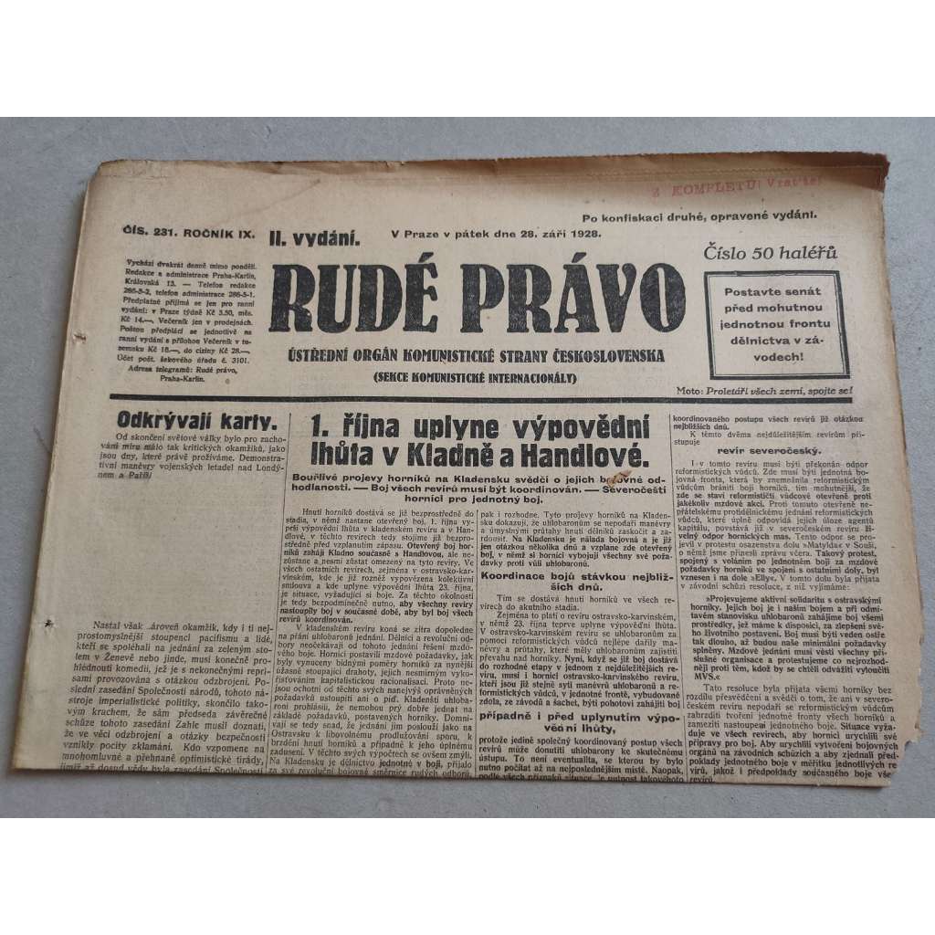 Rudé právo (28.9.1928) - ročník IX. - staré noviny - Ústřední orgán komunistické strany [komunisté, komunismus]