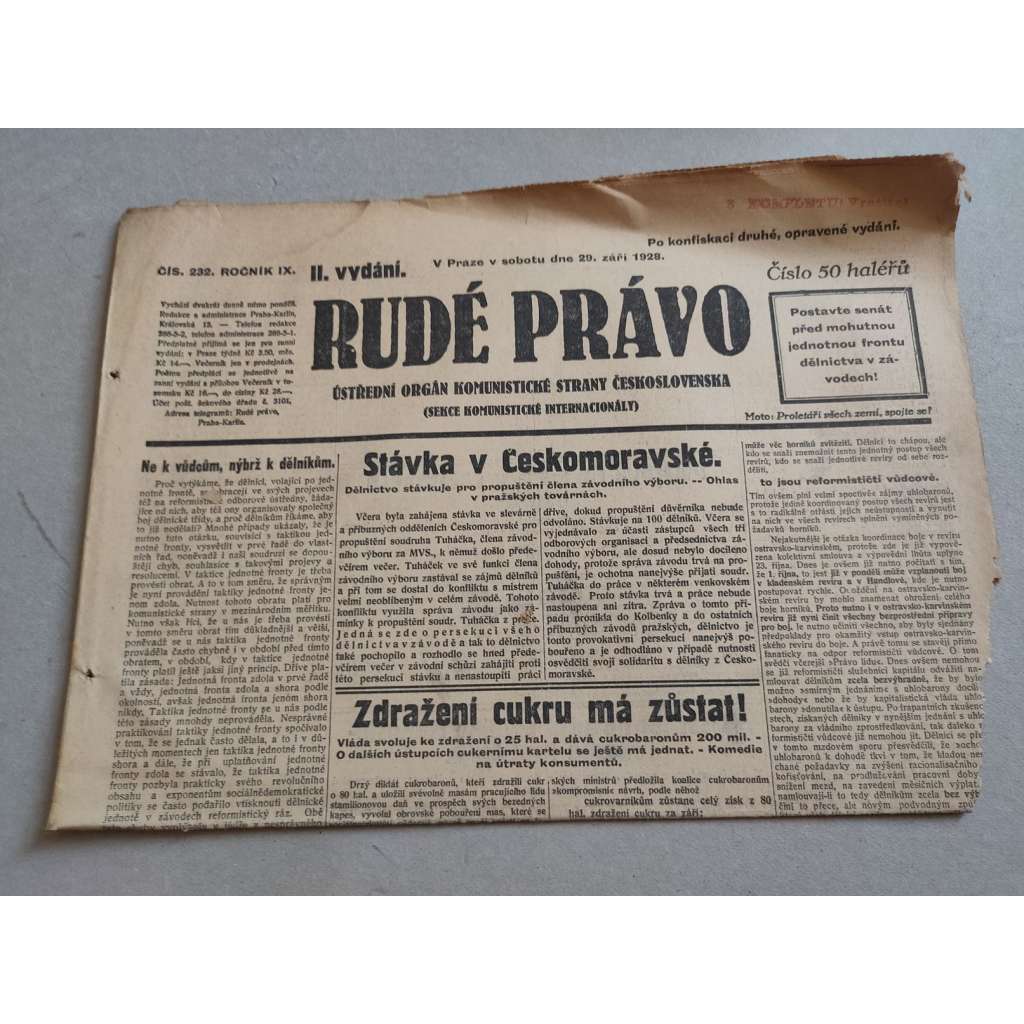 Rudé právo (29.9.1928) - ročník IX. - staré noviny - Ústřední orgán komunistické strany [komunisté, komunismus]