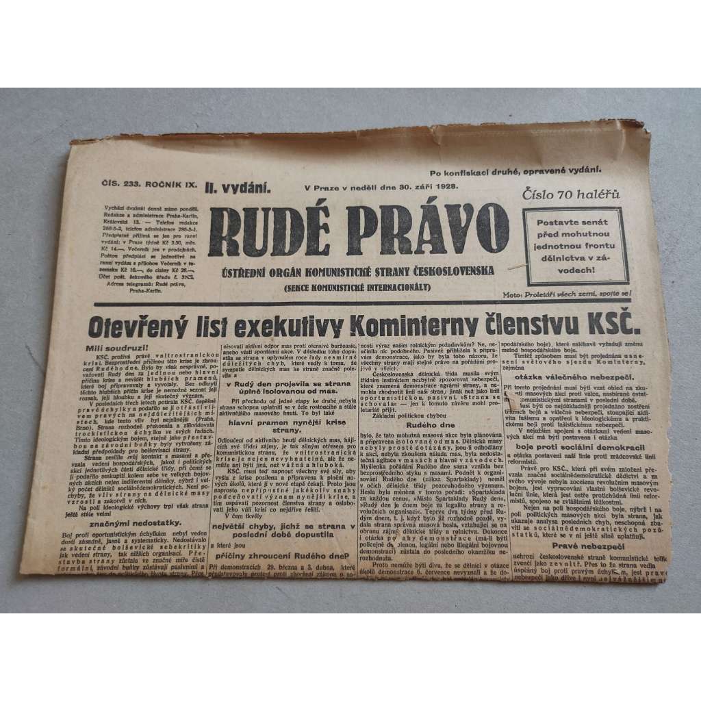 Rudé právo (30.9.1928) - ročník IX. - staré noviny - Ústřední orgán komunistické strany [komunisté, komunismus]