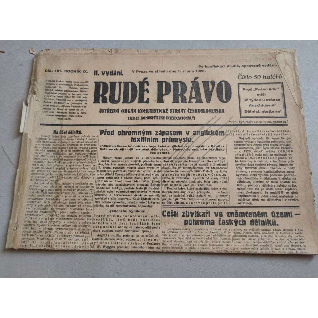 Rudé právo (1.8.1928) - ročník IX. - staré noviny - Ústřední orgán komunistické strany [komunisté, komunismus]