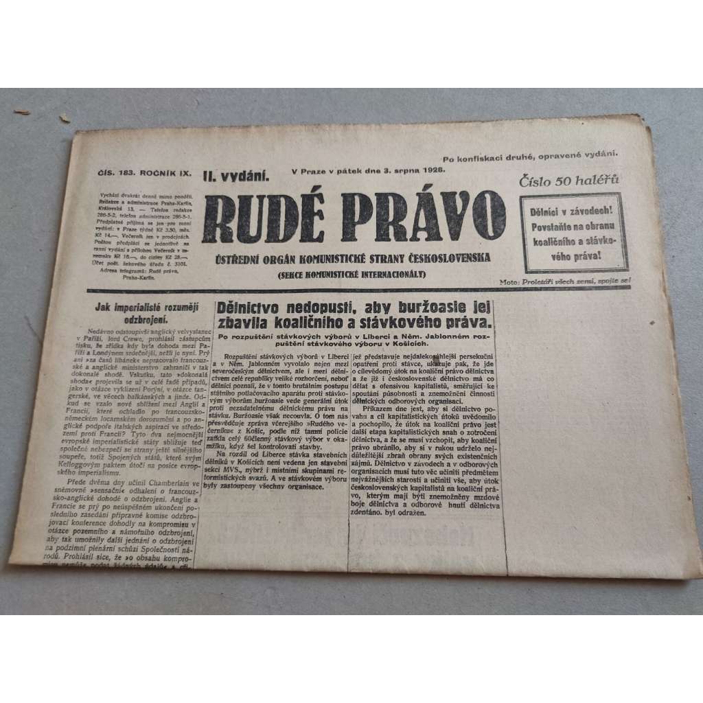 Rudé právo (3.8.1928) - ročník IX. - staré noviny - Ústřední orgán komunistické strany [komunisté, komunismus]