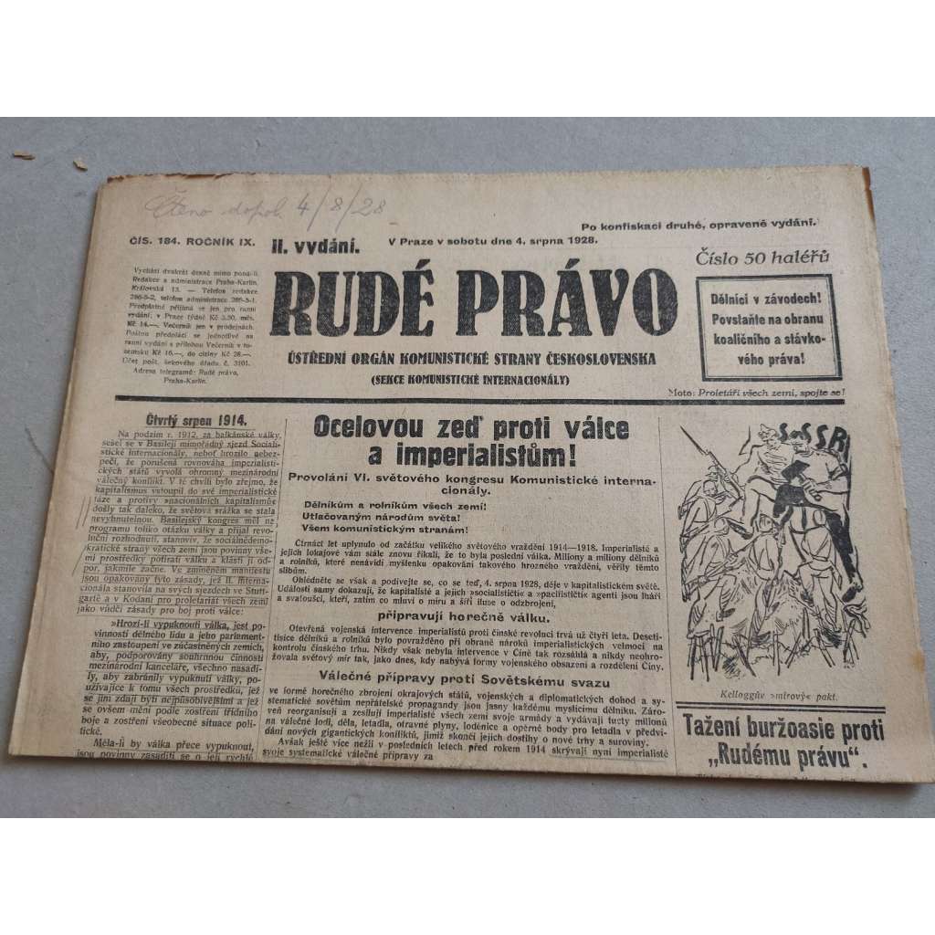 Rudé právo (4.8.1928) - ročník IX. - staré noviny - Ústřední orgán komunistické strany [komunisté, komunismus]