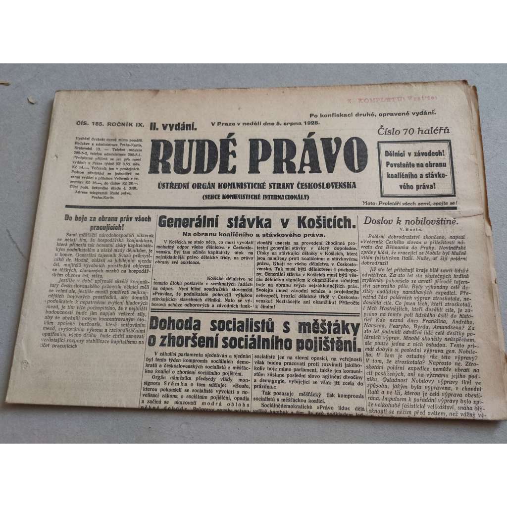 Rudé právo (5.8.1928) - ročník IX. - staré noviny - Ústřední orgán komunistické strany [komunisté, komunismus]