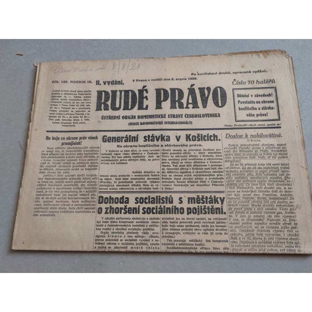 Rudé právo (5.8.1928) - ročník IX. - staré noviny - Ústřední orgán komunistické strany [komunisté, komunismus]