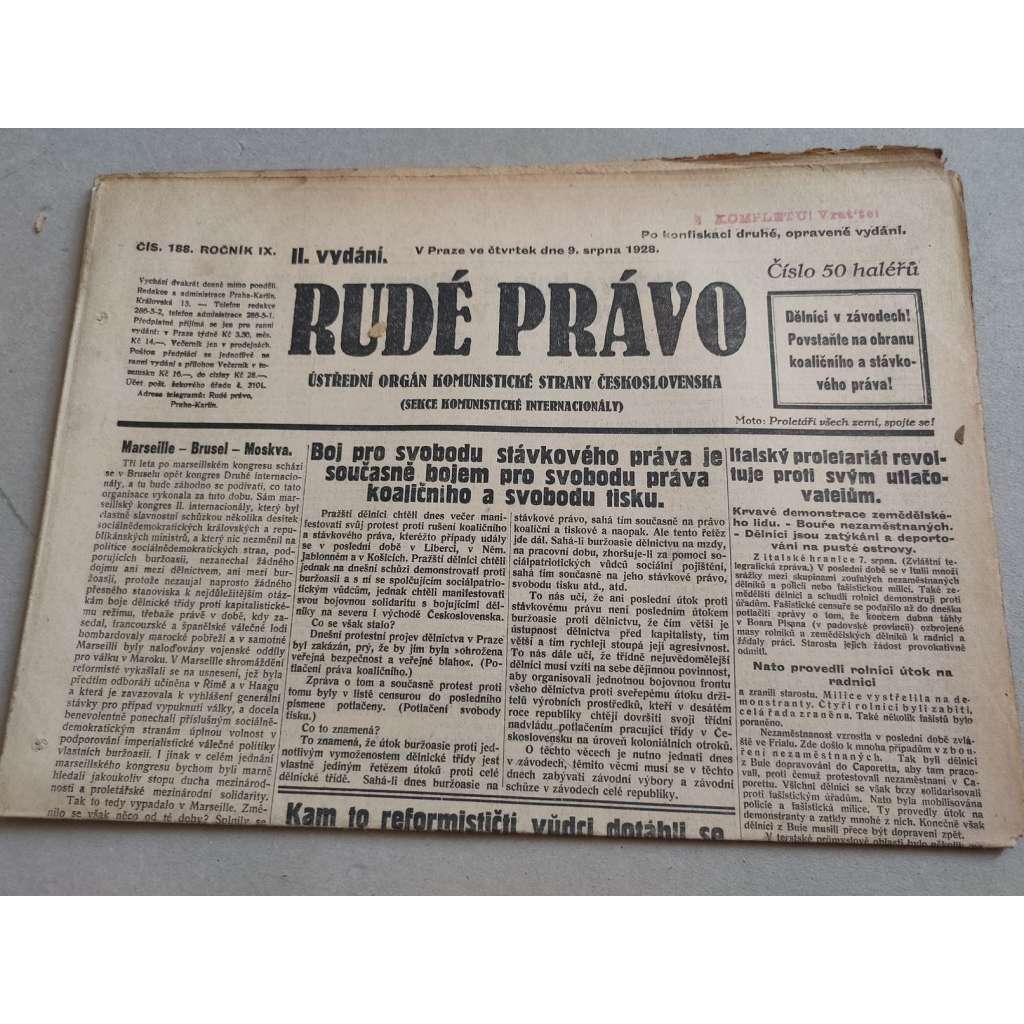 Rudé právo (9.8.1928) - ročník IX. - staré noviny - Ústřední orgán komunistické strany [komunisté, komunismus]