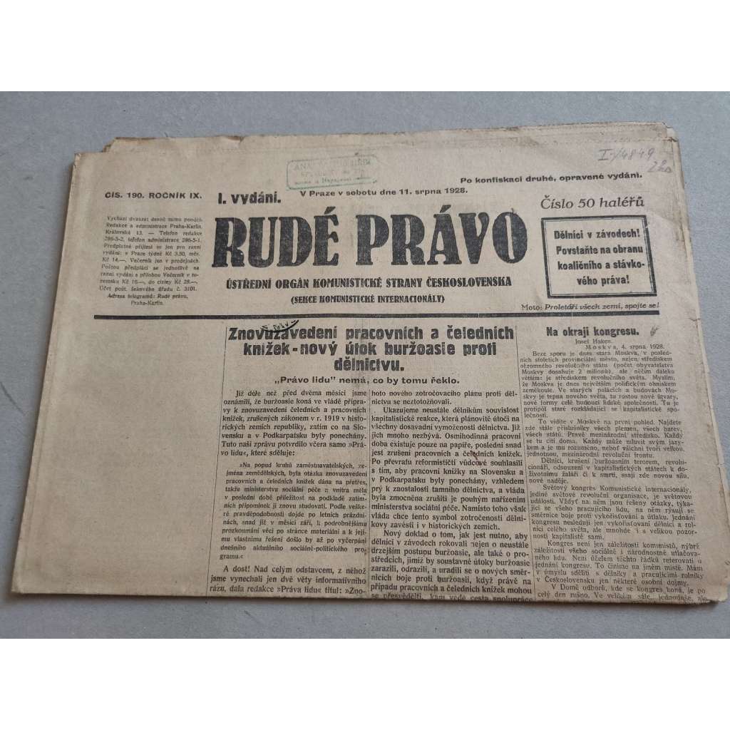 Rudé právo (11.8.1928) - ročník IX. - staré noviny - Ústřední orgán komunistické strany [komunisté, komunismus]