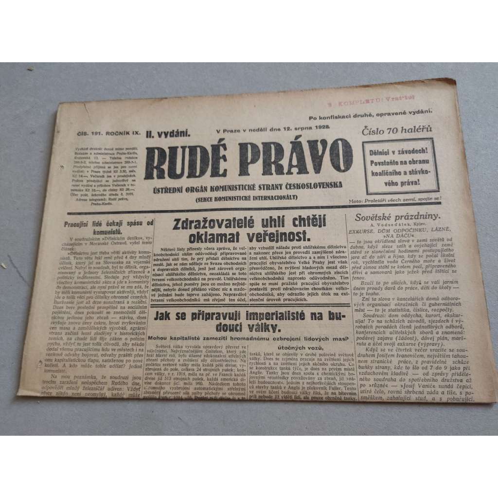 Rudé právo (1.8.1928) - ročník IX. - staré noviny - Ústřední orgán komunistické strany [komunisté, komunismus]