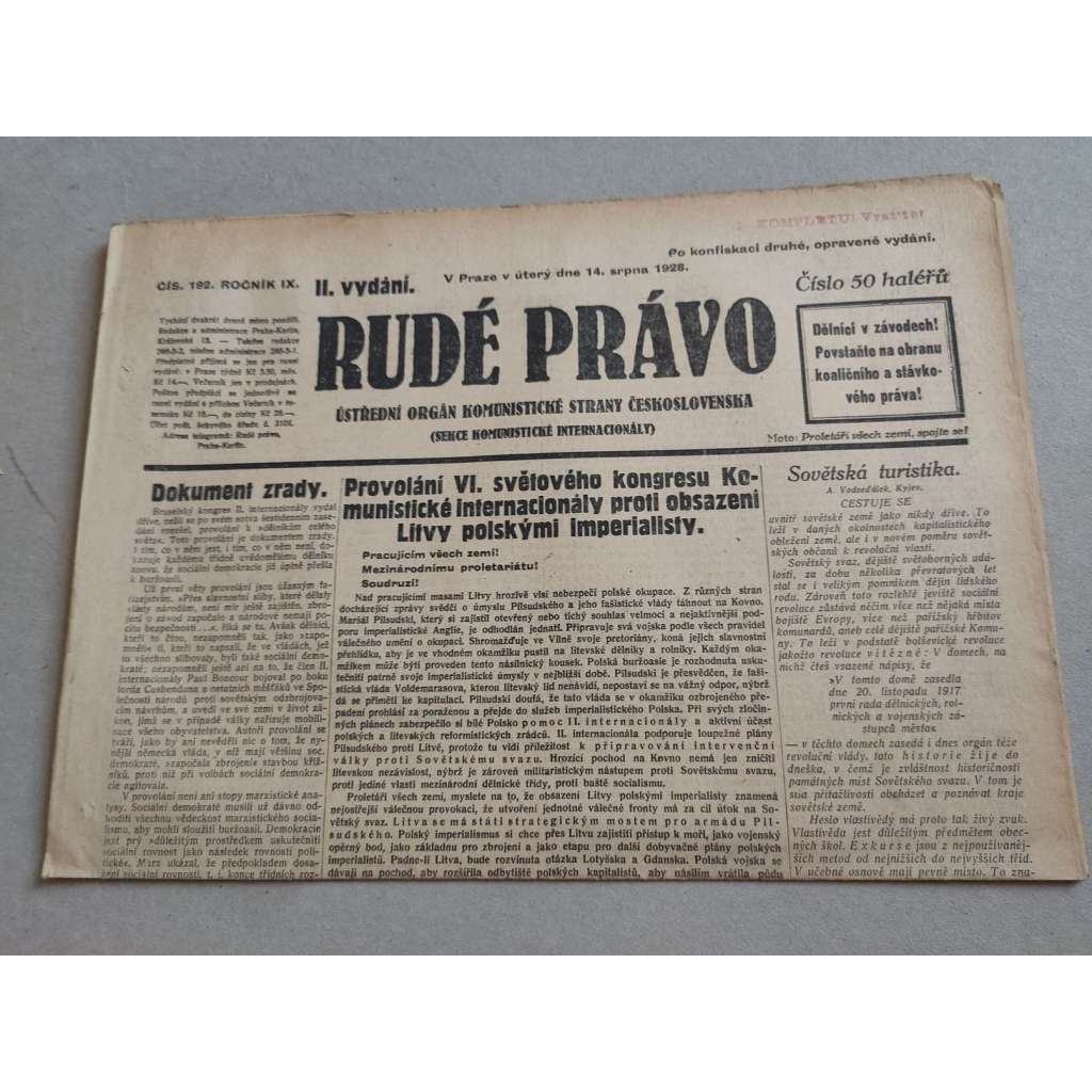 Rudé právo (14.8.1928) - ročník IX. - staré noviny - Ústřední orgán komunistické strany [komunisté, komunismus]