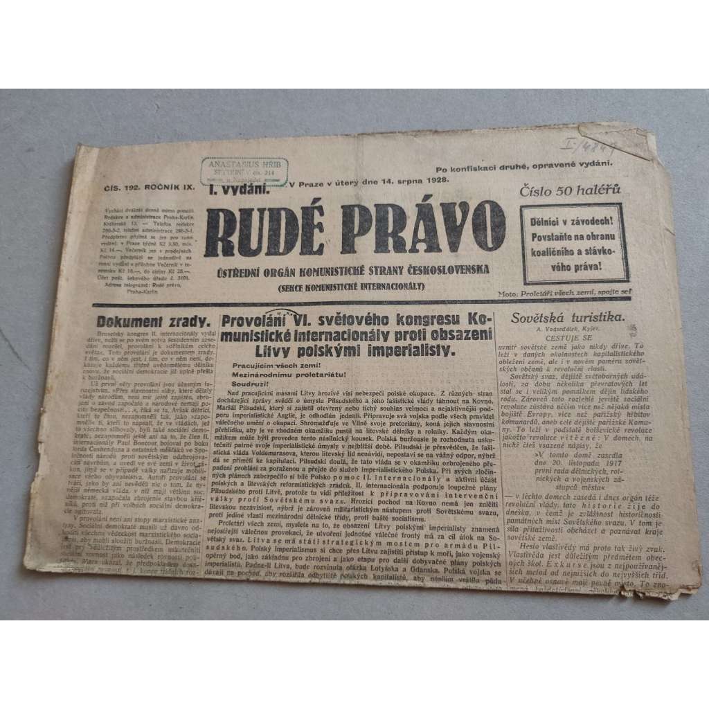 Rudé právo (14.8.1928) - ročník IX. - staré noviny - Ústřední orgán komunistické strany [komunisté, komunismus]