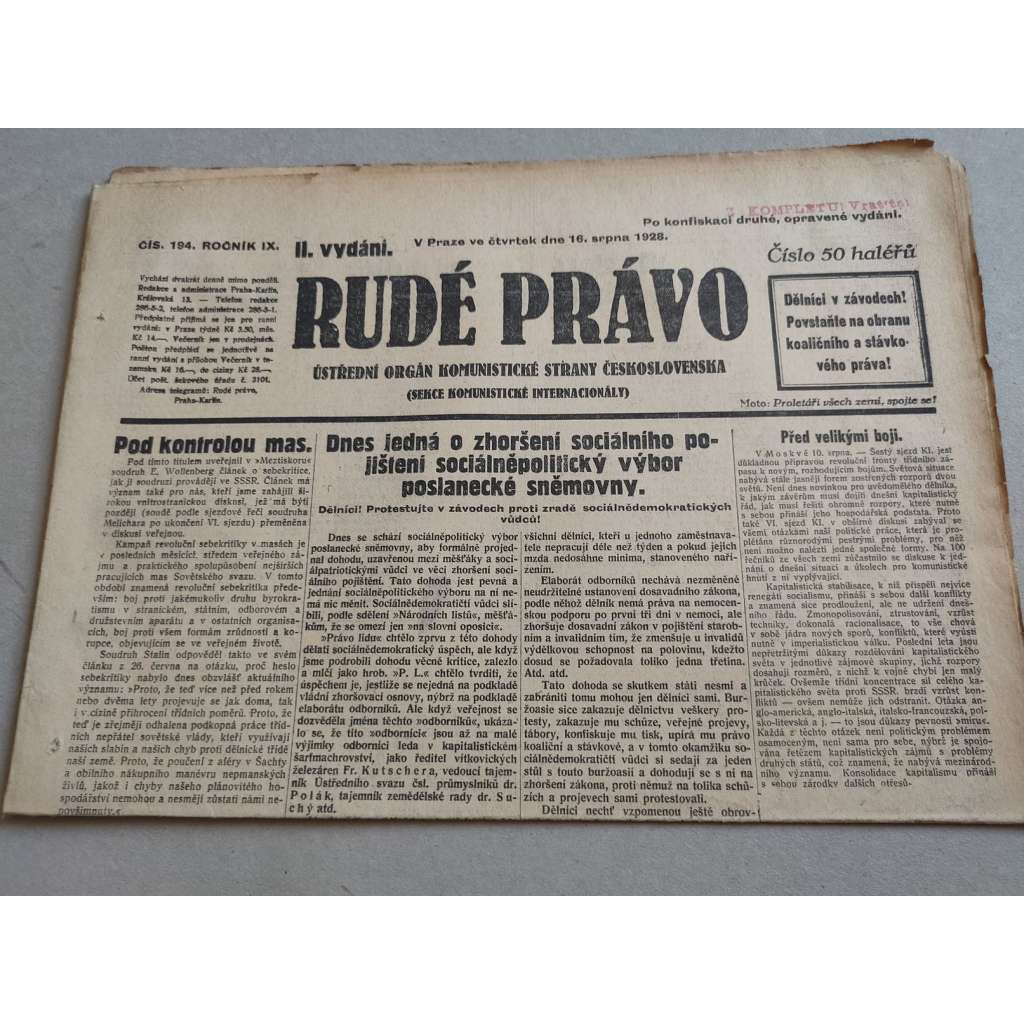 Rudé právo (16.8.1928) - ročník IX. - staré noviny - Ústřední orgán komunistické strany [komunisté, komunismus]