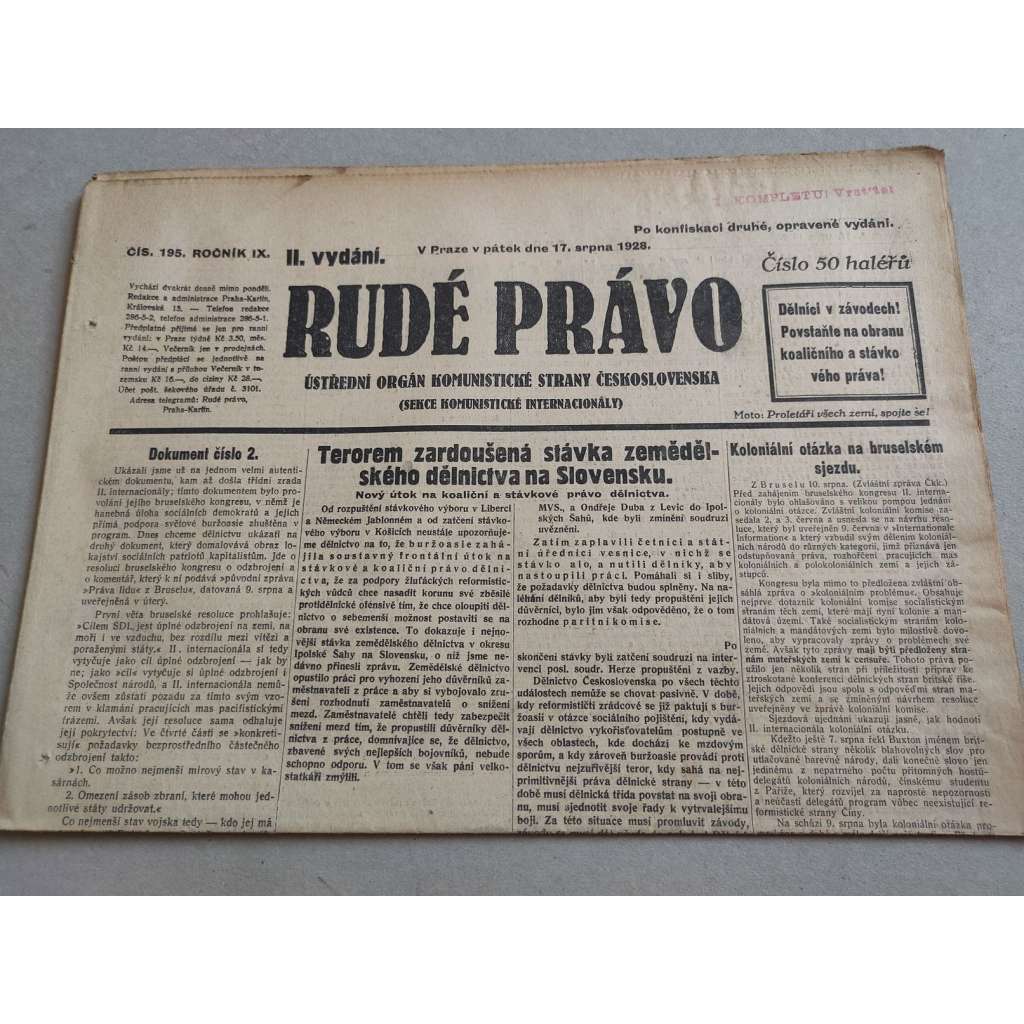 Rudé právo (17.8.1928) - ročník IX. - staré noviny - Ústřední orgán komunistické strany [komunisté, komunismus]