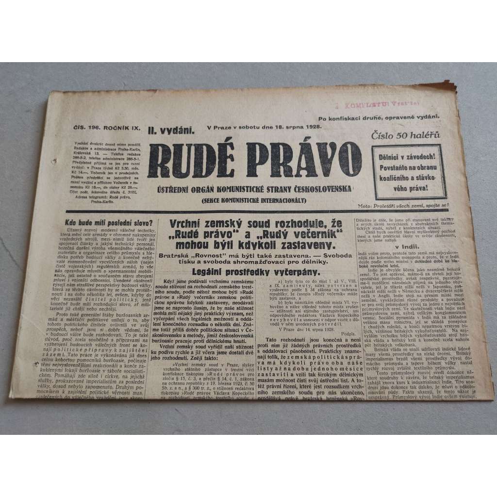 Rudé právo (18.8.1928) - ročník IX. - staré noviny - Ústřední orgán komunistické strany [komunisté, komunismus]