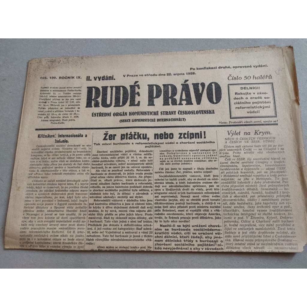 Rudé právo (22.8.1928) - ročník IX. - staré noviny - Ústřední orgán komunistické strany [komunisté, komunismus]