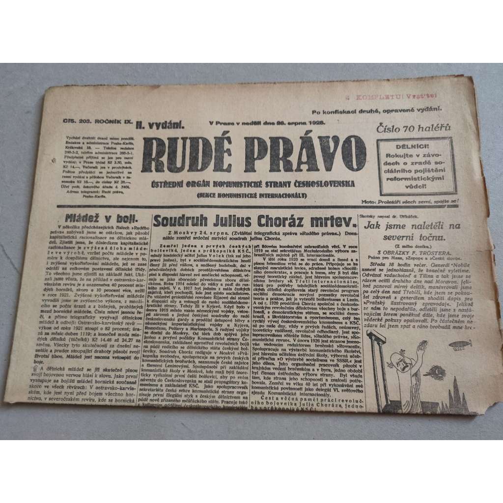 Rudé právo (26.8.1928) - ročník IX. - staré noviny - Ústřední orgán komunistické strany [komunisté, komunismus]