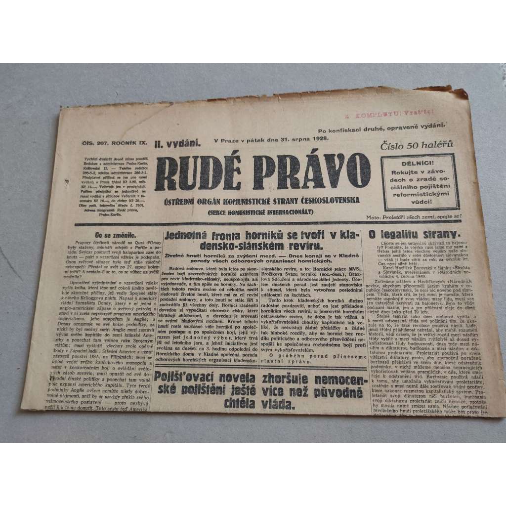 Rudé právo (31.8.1928) - ročník IX. - staré noviny - Ústřední orgán komunistické strany [komunisté, komunismus]