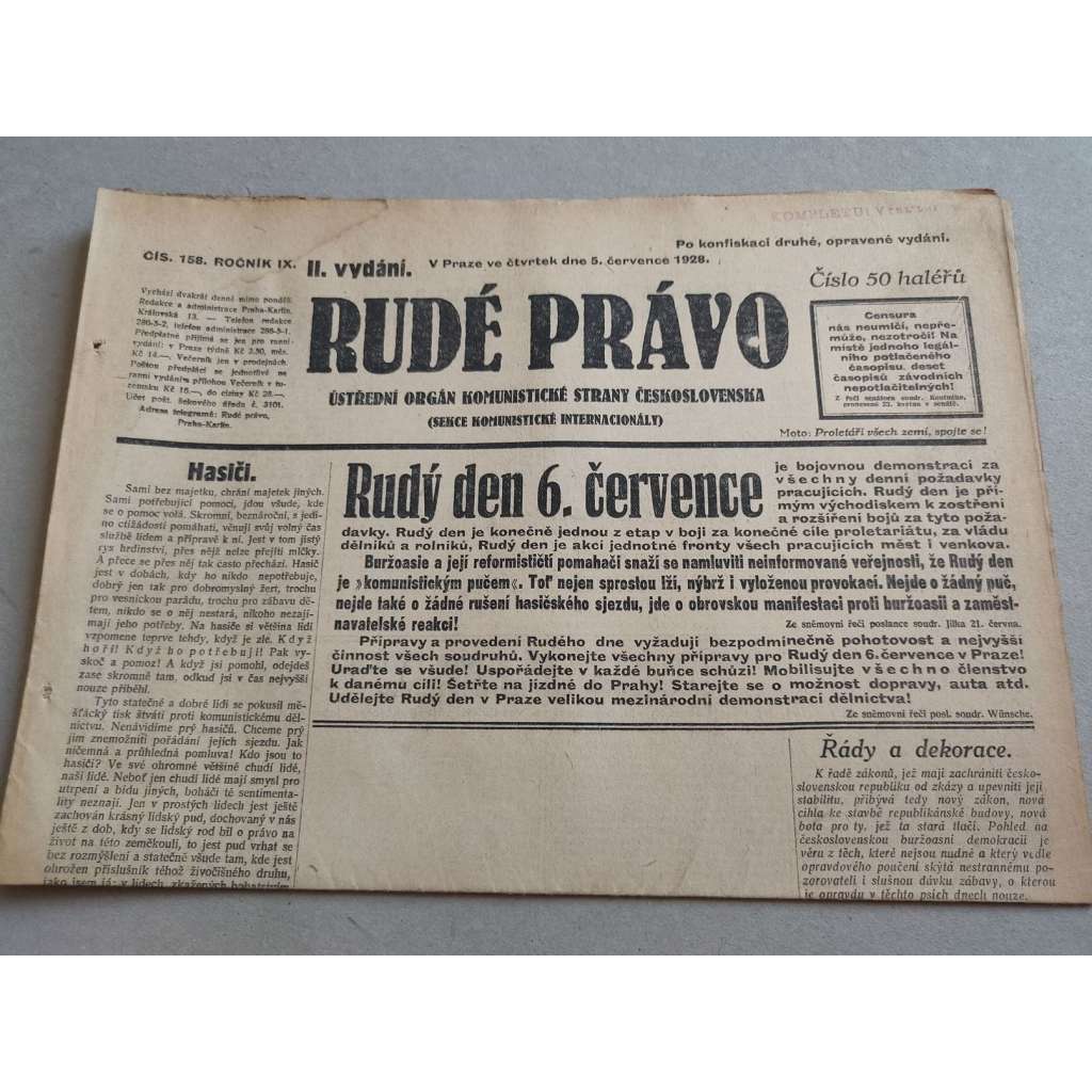 Rudé právo (5.7.1928) - ročník IX. - staré noviny - Ústřední orgán komunistické strany [komunisté, komunismus]