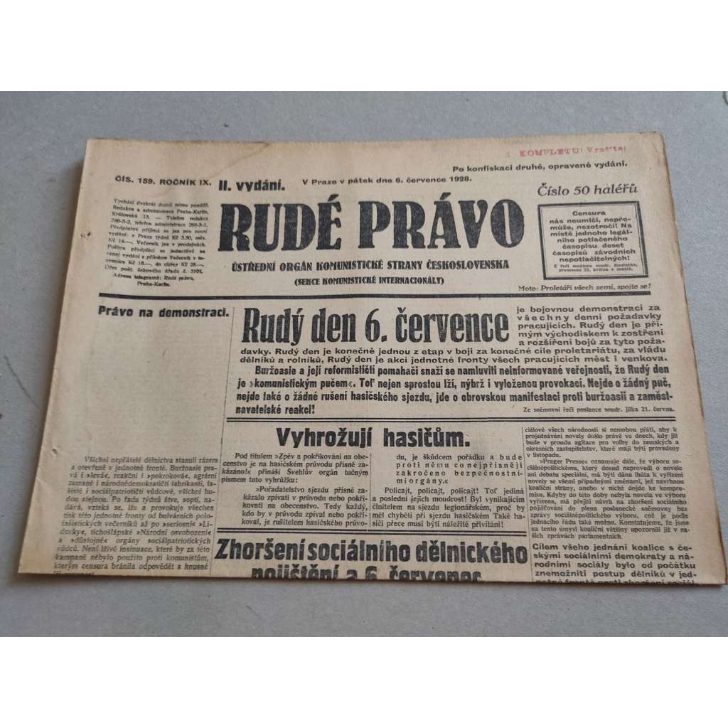 Rudé právo (6.7.1928) - ročník IX. - staré noviny - Ústřední orgán komunistické strany [komunisté, komunismus]